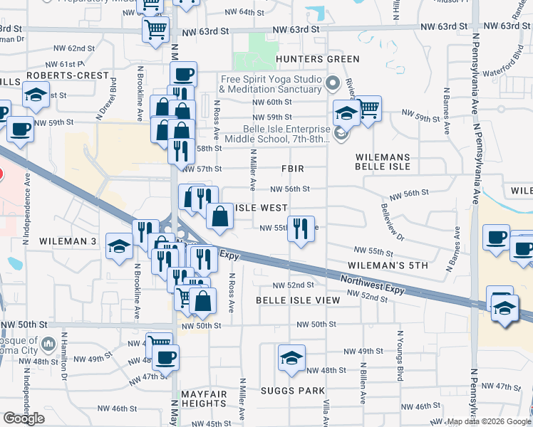 map of restaurants, bars, coffee shops, grocery stores, and more near 2630 Northwest 55th Place in Oklahoma City
