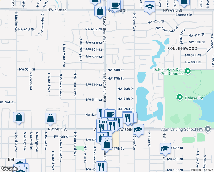 map of restaurants, bars, coffee shops, grocery stores, and more near 5520 North Macarthur Boulevard in Warr Acres