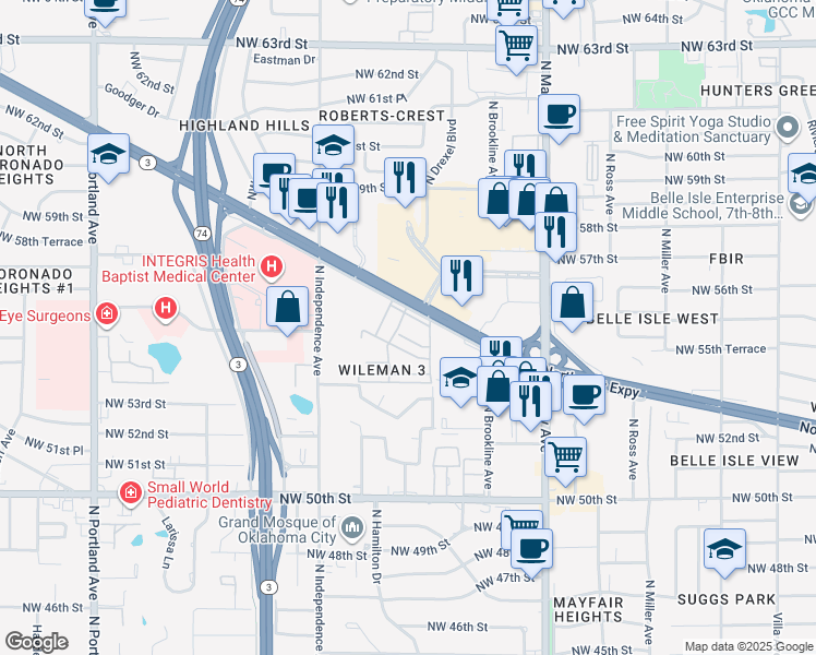 map of restaurants, bars, coffee shops, grocery stores, and more near 3112 Northwest Expressway in Oklahoma City