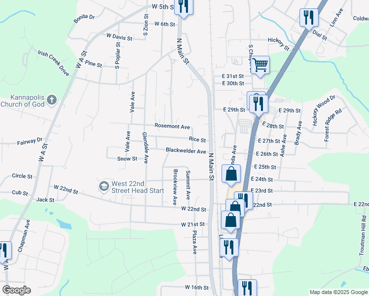 map of restaurants, bars, coffee shops, grocery stores, and more near 206 Blackwelder Avenue in Kannapolis
