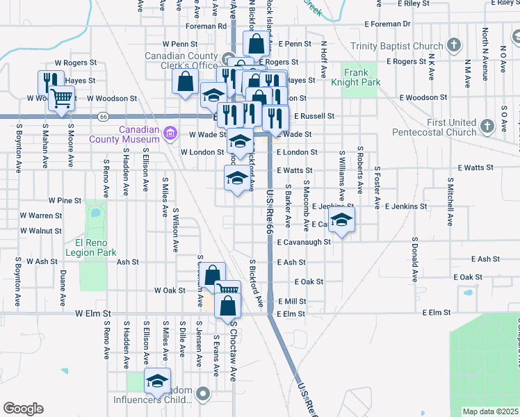 map of restaurants, bars, coffee shops, grocery stores, and more near 112 East Jenkins Street in El Reno