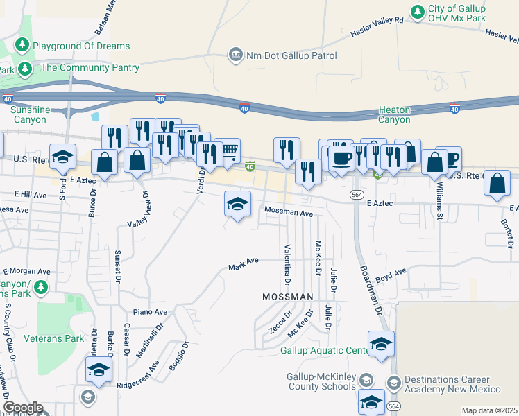 map of restaurants, bars, coffee shops, grocery stores, and more near 300 Mollica Drive in Gallup