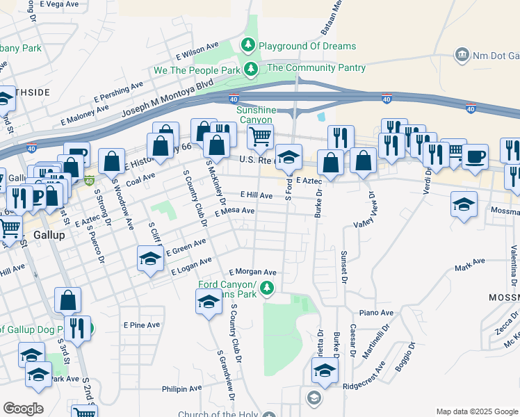 map of restaurants, bars, coffee shops, grocery stores, and more near 901 East Mesa Avenue in Gallup