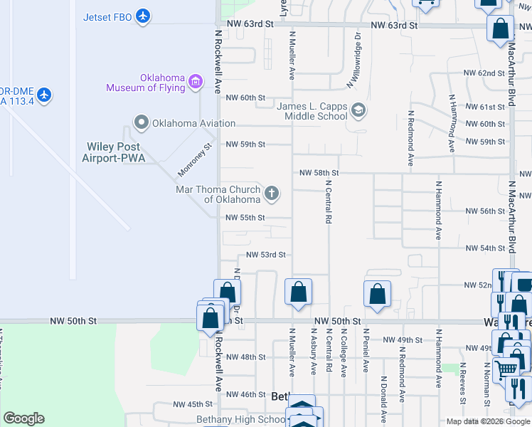 map of restaurants, bars, coffee shops, grocery stores, and more near 6815 Northwest 55th Street in Bethany