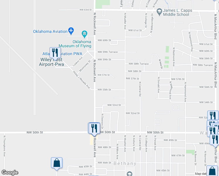 map of restaurants, bars, coffee shops, grocery stores, and more near 6905 Northwest 55th Street in Bethany