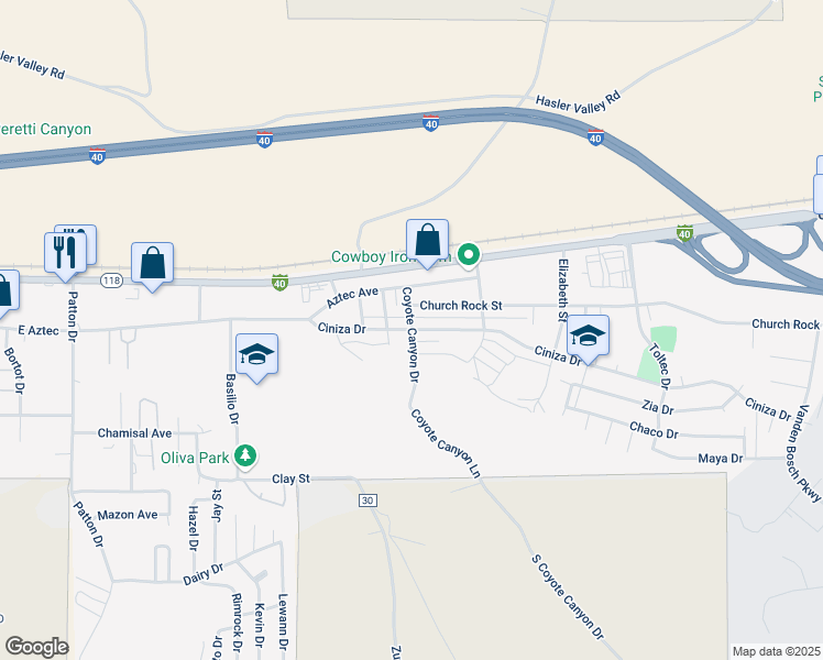 map of restaurants, bars, coffee shops, grocery stores, and more near 3298 Ciniza Drive in Gallup