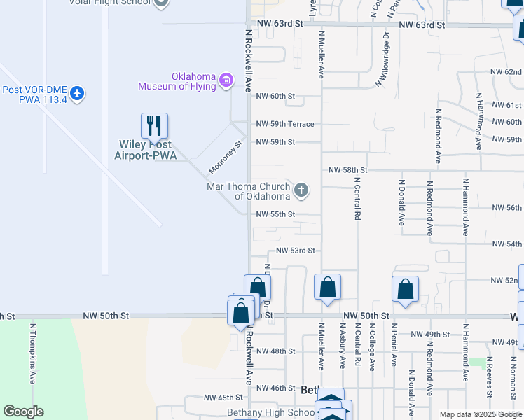 map of restaurants, bars, coffee shops, grocery stores, and more near 182 North Rockwell Avenue in Bethany
