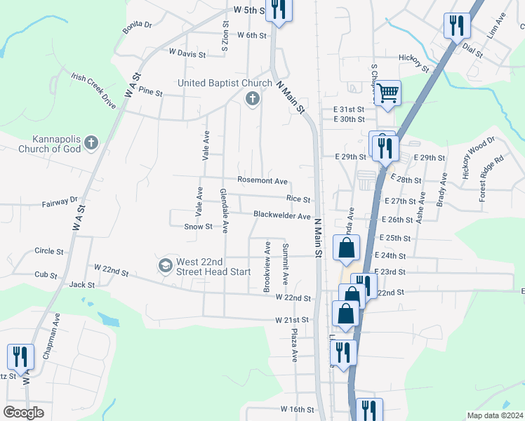 map of restaurants, bars, coffee shops, grocery stores, and more near 216 Blackwelder Avenue in Kannapolis