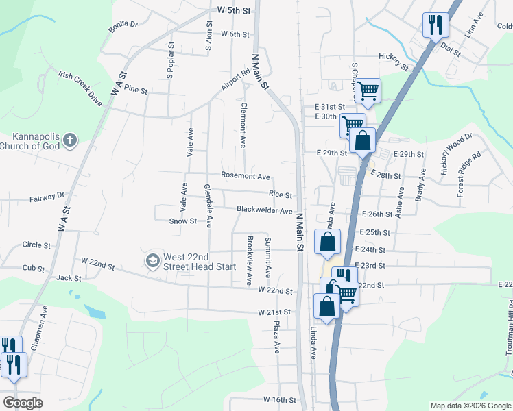 map of restaurants, bars, coffee shops, grocery stores, and more near 214 Blackwelder Avenue in Kannapolis