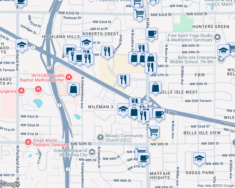 map of restaurants, bars, coffee shops, grocery stores, and more near 3112 Northwest Expressway in Oklahoma City
