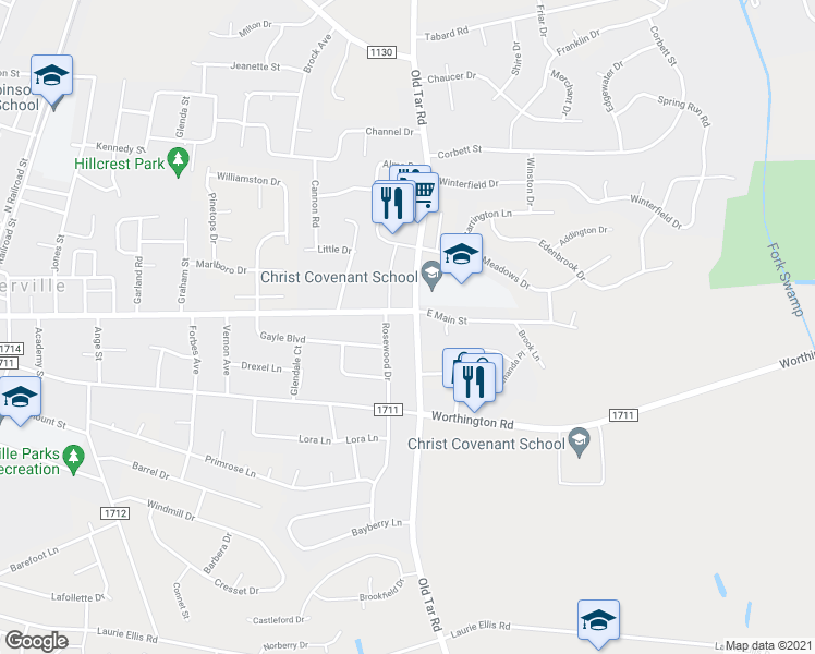 map of restaurants, bars, coffee shops, grocery stores, and more near 4916 Old Tar Road in Winterville