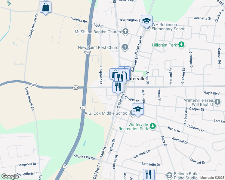map of restaurants, bars, coffee shops, grocery stores, and more near 182 Main Street in Winterville