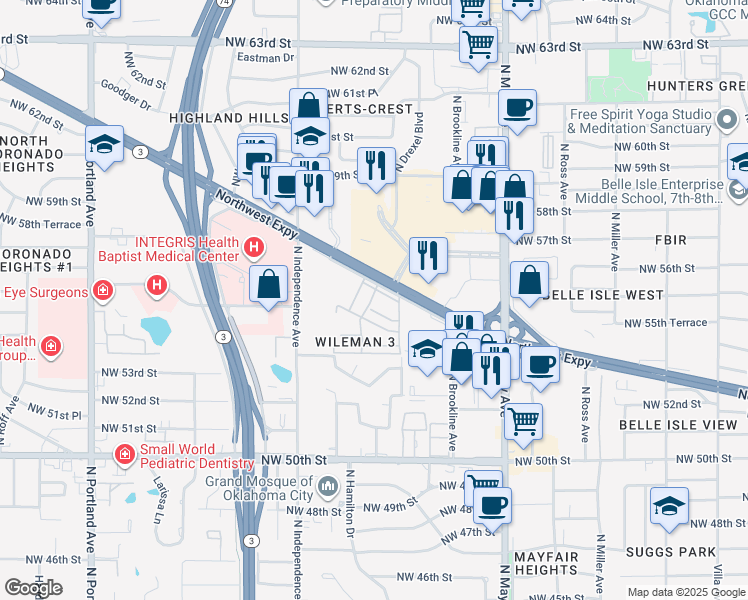 map of restaurants, bars, coffee shops, grocery stores, and more near 3100 Northwest Expressway in Oklahoma City