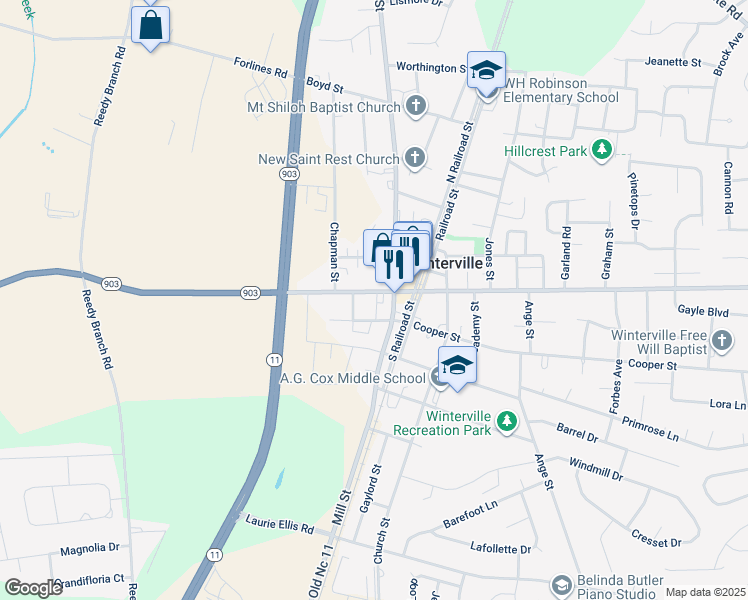 map of restaurants, bars, coffee shops, grocery stores, and more near 182 Main Street in Winterville