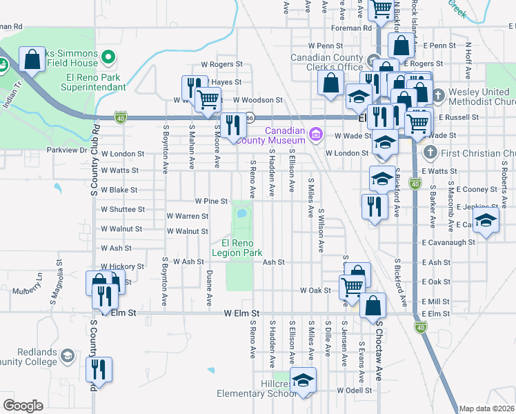 map of restaurants, bars, coffee shops, grocery stores, and more near 614 South Hadden Avenue in El Reno