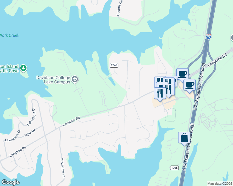 map of restaurants, bars, coffee shops, grocery stores, and more near 124 Yeoman Lane in Mooresville