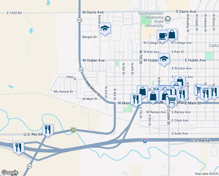 map of restaurants, bars, coffee shops, grocery stores, and more near 208 North 3rd Street in Weatherford