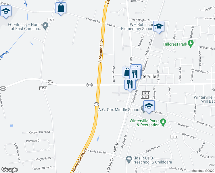 map of restaurants, bars, coffee shops, grocery stores, and more near 116 Main Street in Winterville