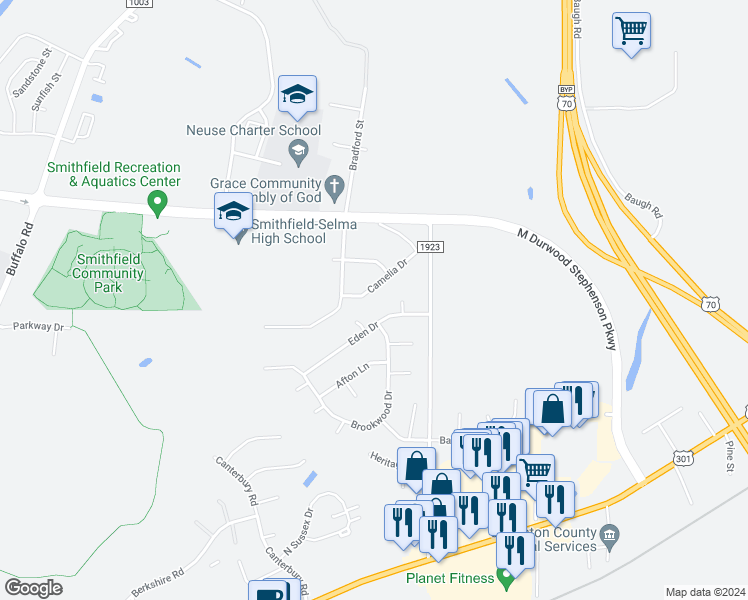 map of restaurants, bars, coffee shops, grocery stores, and more near 21 Camelia Drive in Smithfield