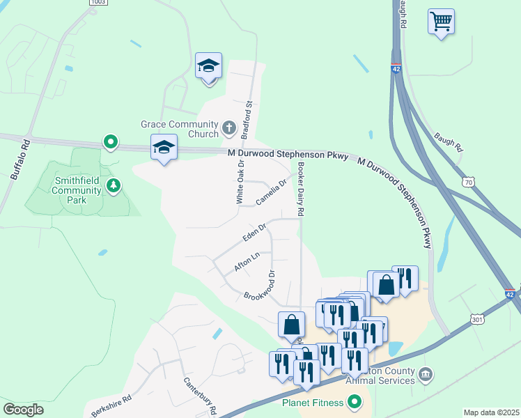 map of restaurants, bars, coffee shops, grocery stores, and more near 21 Camelia Drive in Smithfield