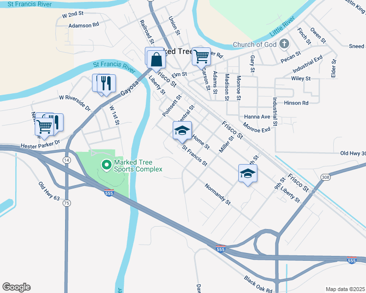 map of restaurants, bars, coffee shops, grocery stores, and more near 406 Saint Francis Street in Marked Tree