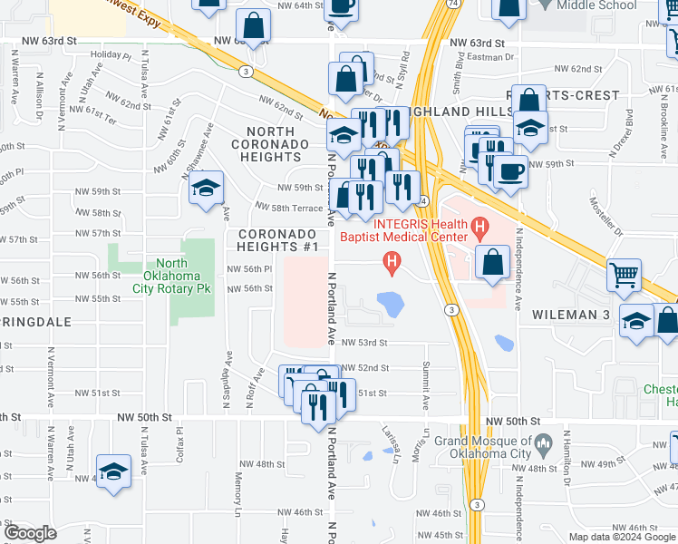 map of restaurants, bars, coffee shops, grocery stores, and more near 5622 North Portland Avenue in Oklahoma City