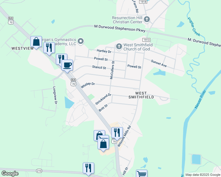 map of restaurants, bars, coffee shops, grocery stores, and more near 197 Whitley Drive in Smithfield