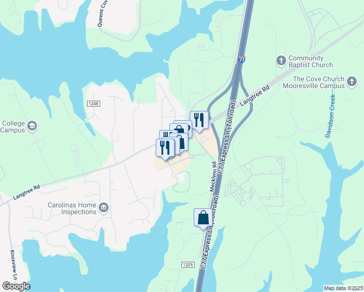 map of restaurants, bars, coffee shops, grocery stores, and more near 120 Langtree Village Drive in Mooresville