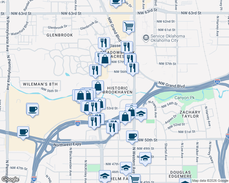 map of restaurants, bars, coffee shops, grocery stores, and more near 5428 Brookhaven Place in Oklahoma City
