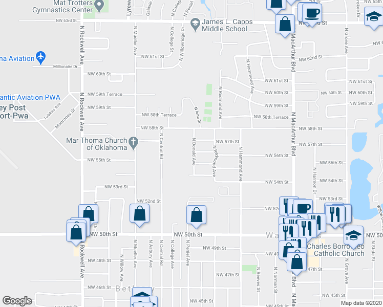 map of restaurants, bars, coffee shops, grocery stores, and more near 5605 North Donald Avenue in Warr Acres