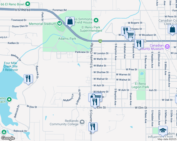 map of restaurants, bars, coffee shops, grocery stores, and more near 701 South Country Club Road in El Reno