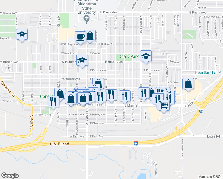 map of restaurants, bars, coffee shops, grocery stores, and more near 315 East Franklin Avenue in Weatherford