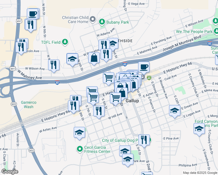 map of restaurants, bars, coffee shops, grocery stores, and more near 101 North 3rd Street in Gallup