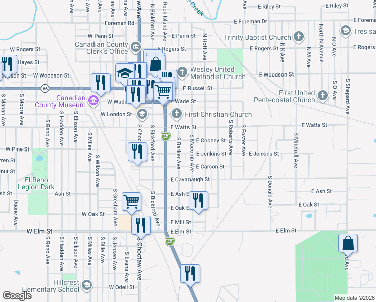 map of restaurants, bars, coffee shops, grocery stores, and more near 708 South Barker Avenue in El Reno