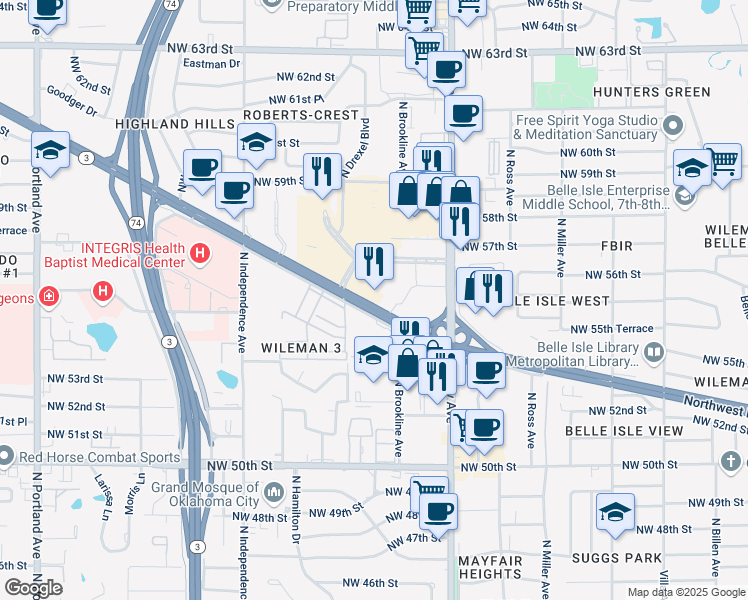 map of restaurants, bars, coffee shops, grocery stores, and more near 3025 Northwest Expy in Oklahoma City
