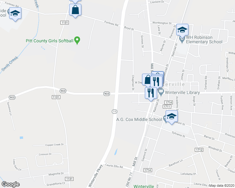 map of restaurants, bars, coffee shops, grocery stores, and more near 2531 Winterville Parkway in Winterville