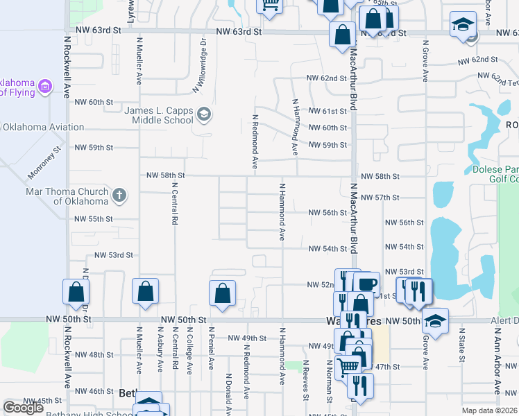 map of restaurants, bars, coffee shops, grocery stores, and more near 6020 Northwest 56th Street in Warr Acres