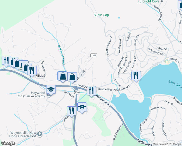 map of restaurants, bars, coffee shops, grocery stores, and more near 100 Noland Downs Road in Waynesville