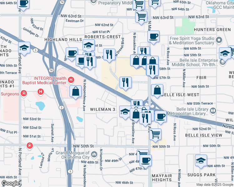 map of restaurants, bars, coffee shops, grocery stores, and more near 3100 Northwest Expy in Oklahoma City