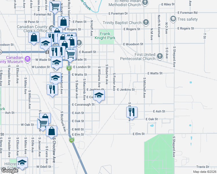 map of restaurants, bars, coffee shops, grocery stores, and more near 619 South Roberts Avenue in El Reno