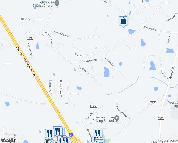 map of restaurants, bars, coffee shops, grocery stores, and more near 175 Gray Ghost Street in Benson