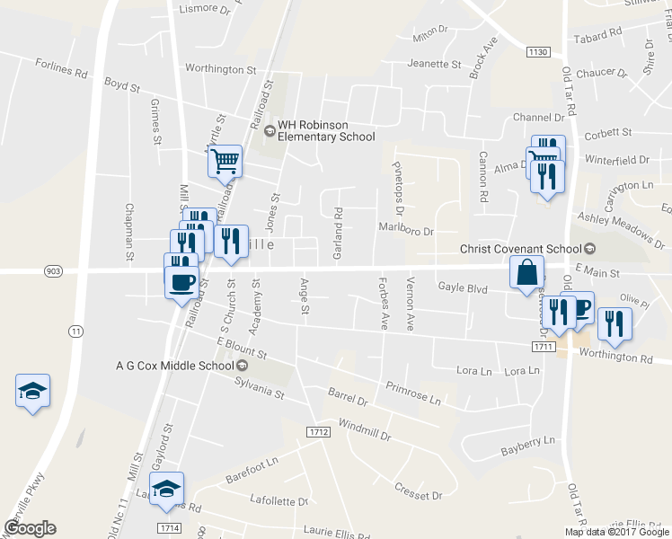 map of restaurants, bars, coffee shops, grocery stores, and more near 384 Main Street in Winterville