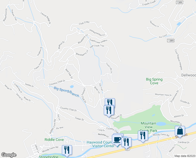 map of restaurants, bars, coffee shops, grocery stores, and more near 163 Loblolly Way in Maggie Valley