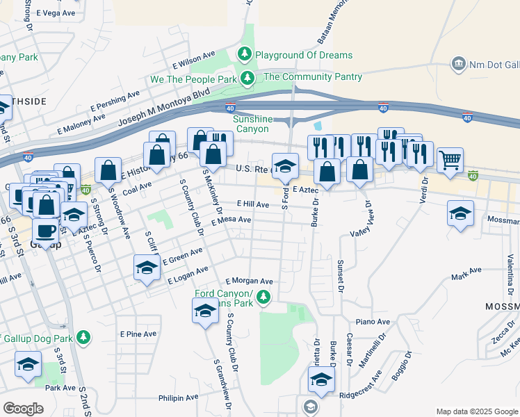 map of restaurants, bars, coffee shops, grocery stores, and more near 901 East Mesa Avenue in Gallup