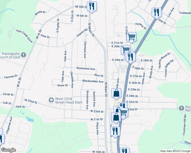 map of restaurants, bars, coffee shops, grocery stores, and more near 201 Rice Street in Kannapolis