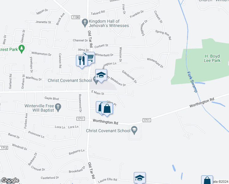map of restaurants, bars, coffee shops, grocery stores, and more near 739 East Main Street in Winterville