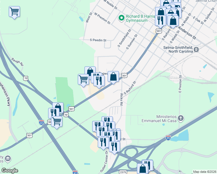 map of restaurants, bars, coffee shops, grocery stores, and more near 1011 North Carolina 39 in Selma