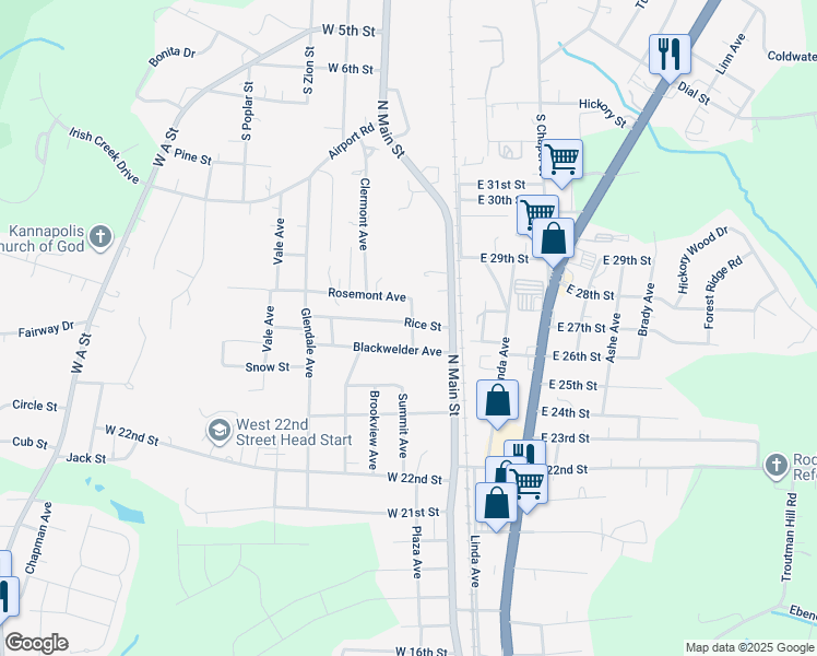 map of restaurants, bars, coffee shops, grocery stores, and more near 201 Rice Street in Kannapolis