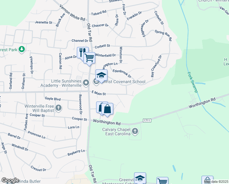 map of restaurants, bars, coffee shops, grocery stores, and more near 739 East Main Street in Winterville