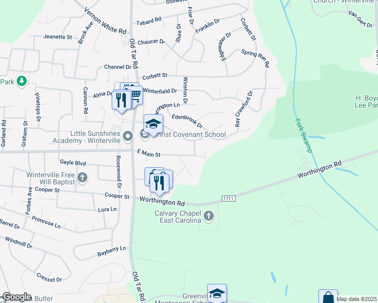map of restaurants, bars, coffee shops, grocery stores, and more near 2517 Brook Lane in Winterville